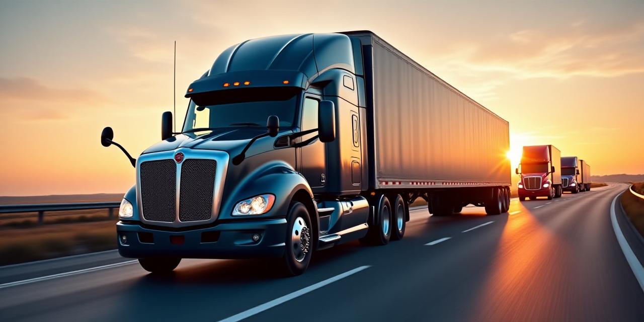 H&N SUPPLY CHAIN INC fleet of modern heavy-duty trucks on a highway at sunset