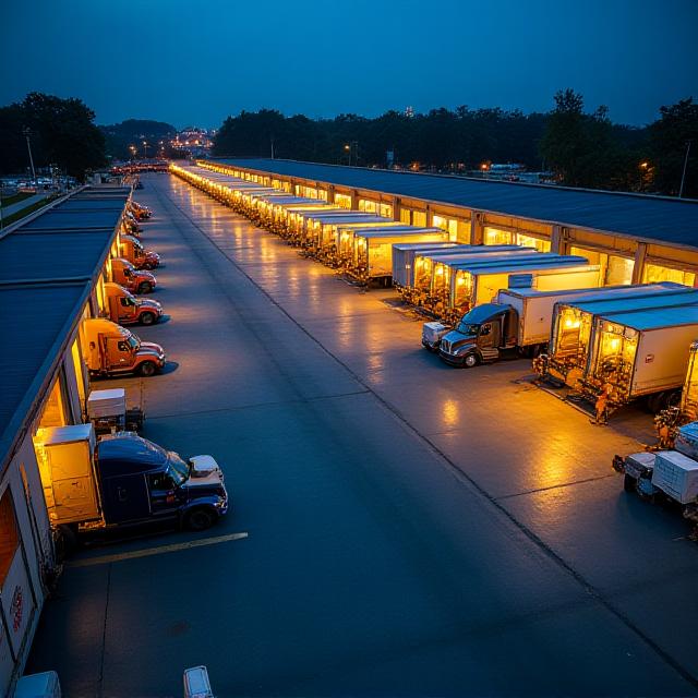 Logistics hub at night with trucks docked at bays